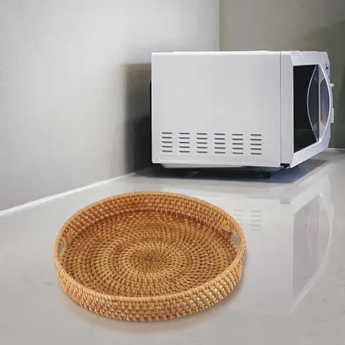 ZYNCUE Tablett aus Rattan für Küche, Picknick, Servieren und Aufbewahren, rustikales Design mitgriffen, 30x30x5cm, 25cm