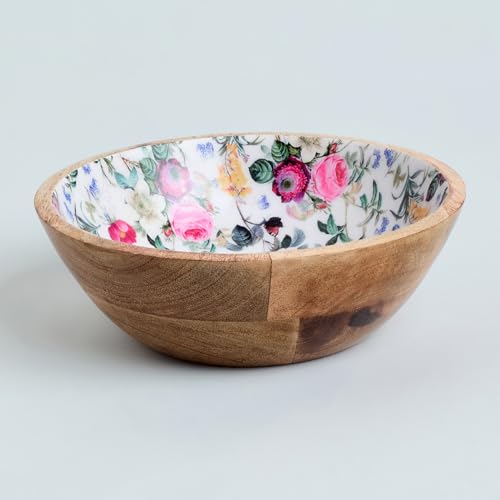 Image of SAAGA Printed Mango Wood Mixing Bowl | 8 x 2.5 Inch Large Wooden Serving Bowl for Salads, Fruits, Snacks, Curries & Desserts | Handcrafted Kitchen & Dining Bowl | Red Violet