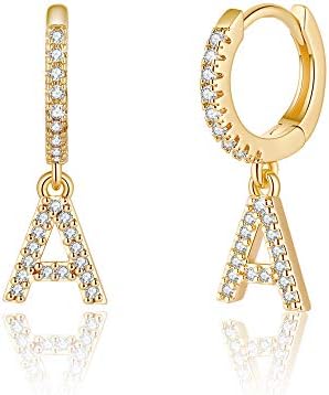 Initial Earrings for Girls Kids, 925 Sterling Silver Post 14K Gold Plated Small Huggie Hoop Earrings Letter A Initial Dangle Earrings Hypoallergenic Earrings for Women Toddler Girl Teen Jewelry Gifts