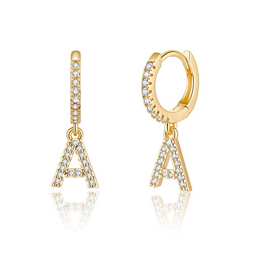Initial Earrings for Women, 925 Sterling Silver Post Hypoallergenic Small Huggie Hoop Earrings Gold Plated Cubic Zirconia Initial Earrings Jewelry