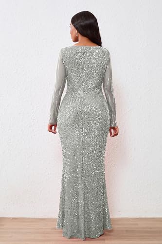 Image of VERWIN Women's Sequins Bodycon Round Neck Long Sleeve Sparkly Mermaid Maxi Dress for Casual Party Cocktail