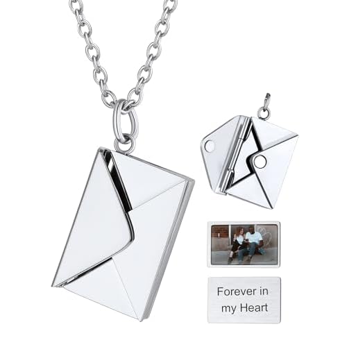 ChainsHouse Personalized Locket Necklace, Custom Envelope Necklaces with Photo Message Engraved for Women, Stainless Steel/Black/Gold/Rose Gold Plated Memorial Gift for Wife (with Gift Box)