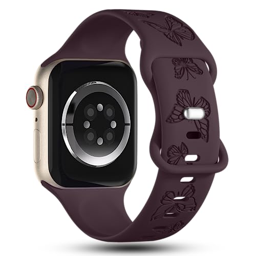 Image of Butterfly Engraved Bands Compatible with Apple Watch Band 41mm 40mm 38mm 49mm 46mm 49mm 46mm 45mm 44mm 42mm Women, Silicone Sport Strap for iWatch Series SE 10 9 8 7 6 5 4 3 2 1 SE Ultra