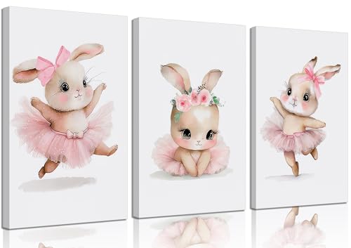 Image of 3 Pcs Pink Bunny Canvas Wall Art for Nursery Baby Room Cute Posters Prints Wall Decor Pictures Pink Preppy Dress Rabbit Ballet Paintings Artwork for Girls Room Bedroom Home Decoration