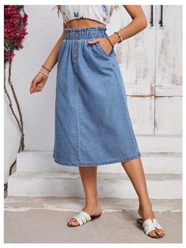 GORGLITTER Women's Blue Jean Midi Denim Skirt Frill Trim Elastic Waist A Line Skirts2