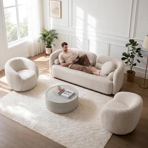 Image of Curved Sofa Set for Living Room, 3-Seater Upholstered Boucle Fabric Modern Sofa Set of 3 Piece Couch Set Minimalist Sofa with Swivel Accent Chairs Modern Sofa Set Home Bedroom Office (Beige)