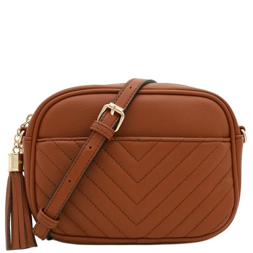 Image of FashionPuzzle Chevron Quilted Crossbody Camera Bag with Chain Strap and Tassel