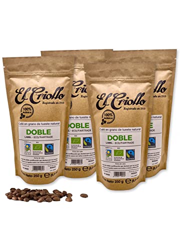 Café Ecológico y de Comercio Justo EN GRANO | 'Doble Label' - Cafés El Criollo® | 100% Arábica y Tueste Natural | Sello FairTrade | Pack de 4x250gr. (1KG)