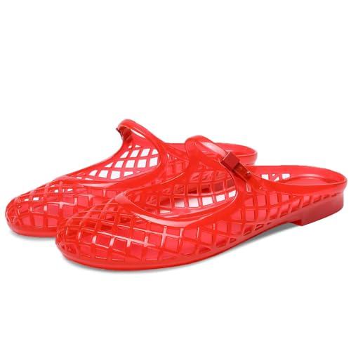 AZAGNEEM Womens Jelly Mesh Flat Slide Sandals with Adjustable Buckle Strap Fashion Closed Round Toe Comfort Breathable Slip On Mules for Summer Running Beach Travel Slippers Shoes (red 7)