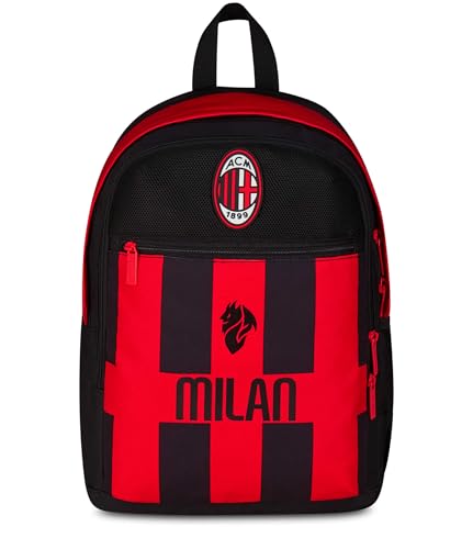 Seven Milan Zaino Doppio Scomparto, Rosso e Nero, Squadra Calcio, Tasca Frontale con Zip e Tasca per Borraccia, Bambino, Scuola Elementare