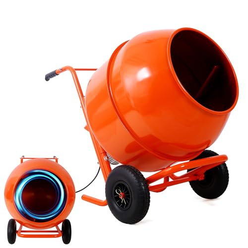 SPOWAY 8.0 Cu. Ft Electric Cement Mixer, 550W 3/4 HP Portable Concrete Mixer with Wheels and Stand, Heavy Concrete Mud Mixer Tools, Adjustable Tilt for Mortar Stucco Seeds and Fodder, Orange