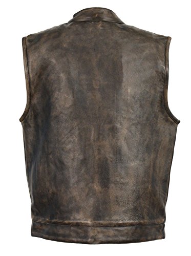 Men's Brown Distressed Soa Men's Naked Cowhide Leather Vest Zipper & Snap Front W/ 2 Inside Gun Pockets & Single Panel Back (X-Large) #TOP1