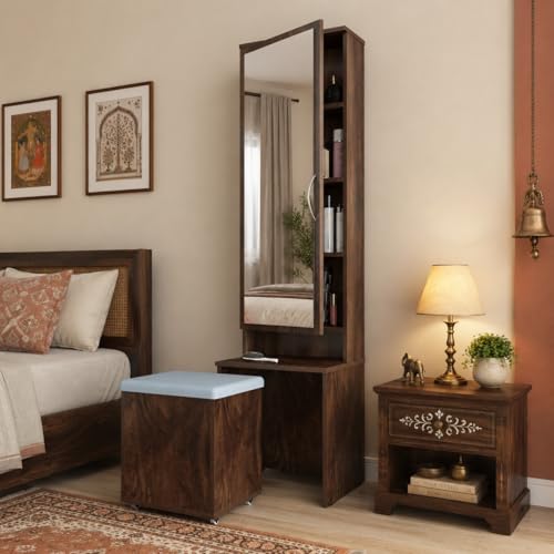 Image of Studio Kook Berry Dressing Table with Mirror & Stool, Junglewood | Engineered wood unit with a 109 x 40 cm mirror, concealed shelves and cushioned storage stool on castors. Height: 179 cm.