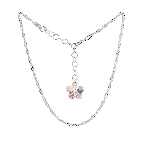 Schöner-SD Foot Chain made of 925 Silver with Swarovski® Crystal Flowers in Crystal Aurora Borealis