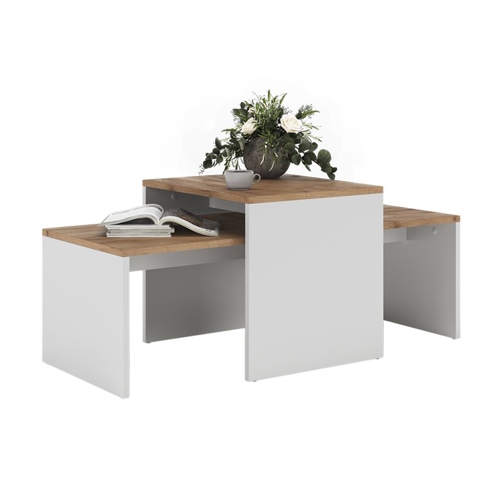 Vicco Set di tavolini da salotto Donat, Rovere bianco/dorato, 100 x 48 cm, 2 parti, per un utilizzo flessibile come tavoli singoli o combinati