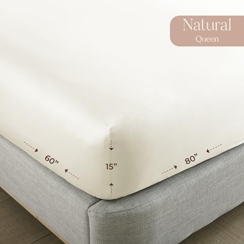 Organic Queen Fitted Sheet Only Deep Pocket - 100% Organic Cotton Sheets with Breathable 300 Thread Count Sateen Weave GOTS & Fairtrade Certified - Soft Fitted Bed Sheets Only (Natural, Queen) - Thumbnail 2
