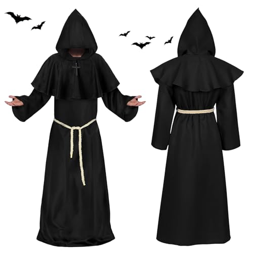 Tccydm Robe Mönch Kostüm Herren, Halloween Mönch Priester Gewand, Herren Kapuze und Kreuz Mönch Robe Priester Kostüm, Mittelalter Renaissance kostüm, für Mottoparty, Halloween, Karneval(XL)
