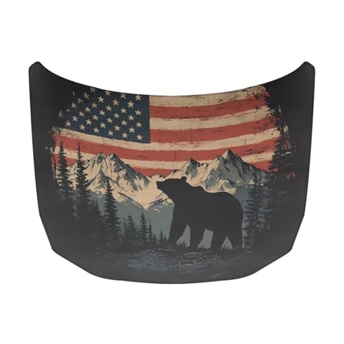 Image of Car Hood Flag Cover, A Decorative Windshield Snow Cover with American Flag Mountain Bear Design for Cars, Trucks, and Vans
