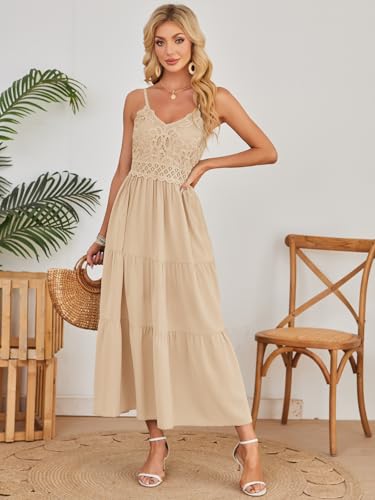 Image of Dokuritu Women's Beach Crochet Lace Maxi Dress Solid Color Summer Vacation Wedding Guest Spaghetti Strap Long Dress