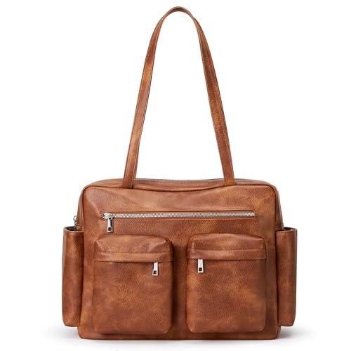Image of KALIDI Tote Bag Vegan Leather Women Pocket Utility Bag Faux Leather Shoulder Travel Purse Vintage Handbag for Work