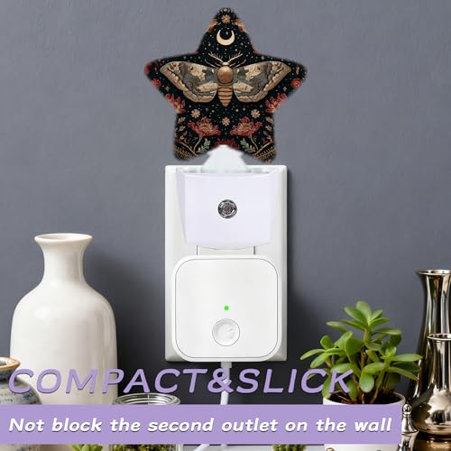 Image of Black Poppy Moth Nightlights Plug in Wall,Mushroom Moon Decorative Star Lamp with Automatic Lighting for Living Space,Gentle Glow for Kids Room,Hallway,Bathroom