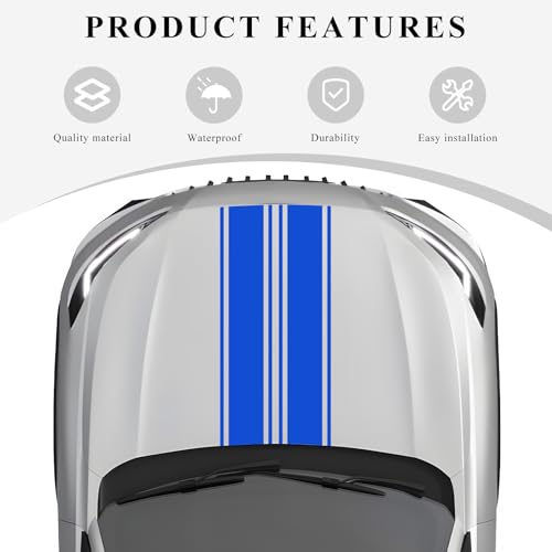 Image of 2 PCS Car Hood Sticker, 70.9 inch x 7.3 inch Waterproof Racing Stripes Auto Body Side Decals, Sports Style Hood Sticker Exterior Decoration for Most Vehicles, Car Accessories (Blue)