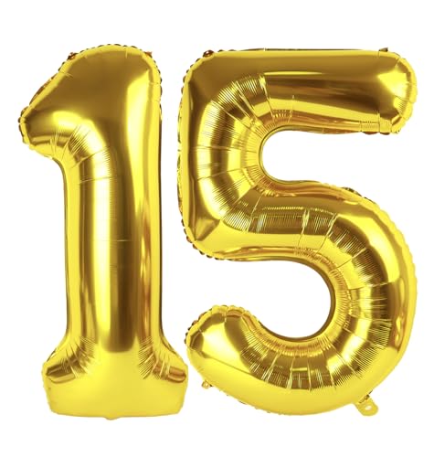 Image of Gold Number 15 Balloon 40 inch, 15 Number Balloons, 15th Gold Birthday Decorations, 15 Year Old Golden Party Supplies