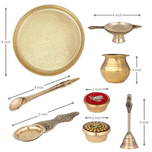 Image of Traditional Brass Puja Thali Set for Mandir & Festivals | Brass Aarti Thali Plate for Bhog, Diya & Pooja Rituals | Ideal for Diwali Navratri Karwa Chauth Home Temple Decor (Set of 9)