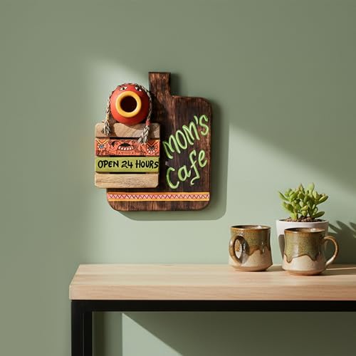 Image of AAKRITI ART CREATIONS Kitchen Decor Mom's Cafe Handcrafted, Madhubani Art Wooden Wall Hanging Panel Set of 1, Natural Brown | Matte Finish Wooden | Home Decor for Kitchen, Dining Area