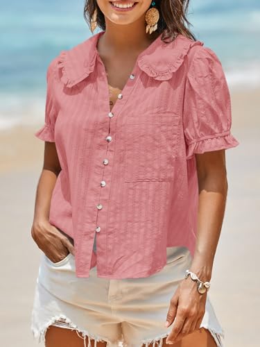 Image of Tankaneo Womens Puff Sleeve Shirts Peter Pan Collar Button Down Cotton Blouse Casual Summer Textured Tops