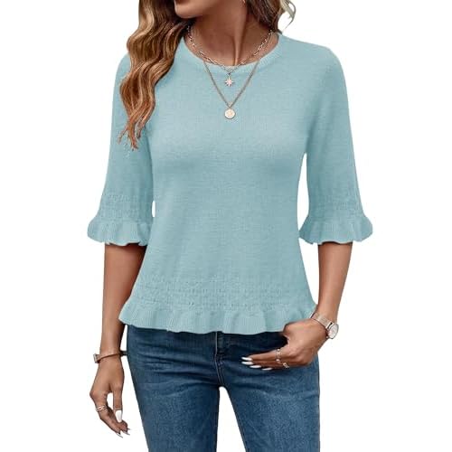 AKEWEI Womens 3/4 Sleeve Pullover Sweater Crewneck Knit Peplum Tops Lightweight Casual Going Out Outfits Light Blue Small
