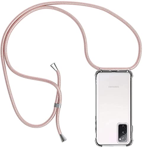 Casecool für Samsung Galaxy S20 FE 4G / 5G / S20 Lite Hülle mit Band Handyhülle Handyband Hülle mit Kette Schutzhülle Kordel zum Umhängen Transparent Weich TPU Silikon Bumper Rosé Gold