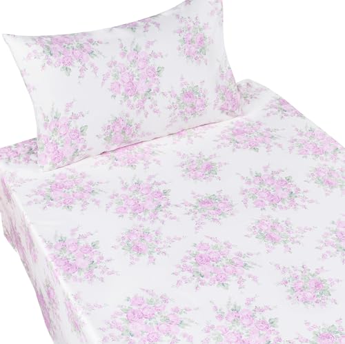 Image of Scientific Sleep Pink Rose Bright Floral Plant Flower 100% Cotton 3 Pcs Twin Bed Sheet Set Kids Toddler Teen, Flat Sheet & Fitted Sheet & Pillowcase Kids Bedding Set Twin