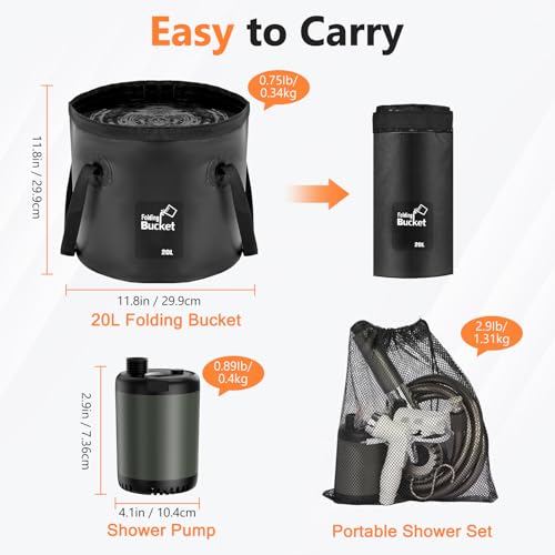 Catlyn-Portable-Camping-Outdoor-Shower-Kit-with-20L-Collapsible-Bucket-10000mAH-Rechargeable-Electric-Intelligent-Digital-Display-Shower-Pump-for-Outside-Hiking-Dog-Bath-Beach-Traveling-Grey