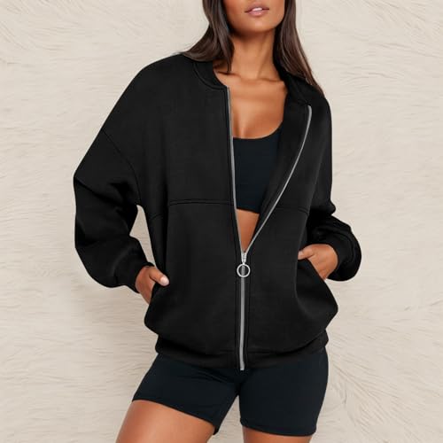 Fleece Jacket Women Zip Up Sweatshirt Casual Loose Fit Oversized Hoodie Trendy Bomber Jacket Long Sleeve Coats2