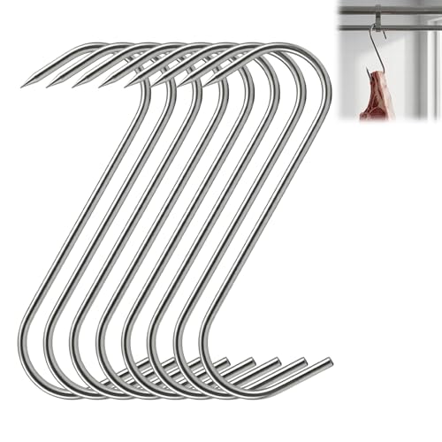Heozhuyi 8 PcsCrochet de Boucher, Crochet en S Metal, Crochets de Boucher en Acier Inoxydable, Crochet pour Fumoir, Hameçons à Viande pour poisson, truite,...