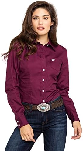 Cinch Women's Solid Long Sleeve Shirt, Burgundy, L