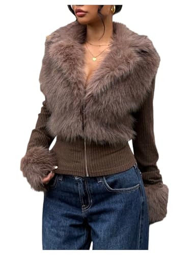 Verdusa Women's Faux Fur Furry Fuzzy Collared Zip Up...