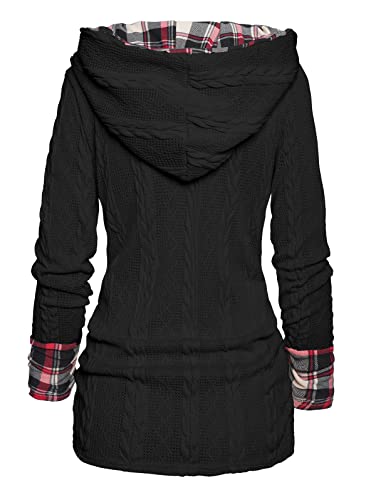 ZEZCLO Women's Twisted Cable Knit Plaid Print Hooded Sweater Mock Button Ruched Shawl Neck Knit Top4