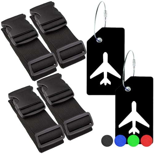 Koffergurt-Set mit 4 Stück einstellbaren Kofferband Gepäckgurt und 2 StüCk Kofferanhängern, schwarz