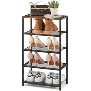 Metal 5 Tier Shoe Rack for Front Door Entrance, Entryway, and Closet Shoe Organizer with 4 Sturdy Metal Mesh Shelves and Wooden Top, Holds 10 Pairs, Ideal for Storage or Display