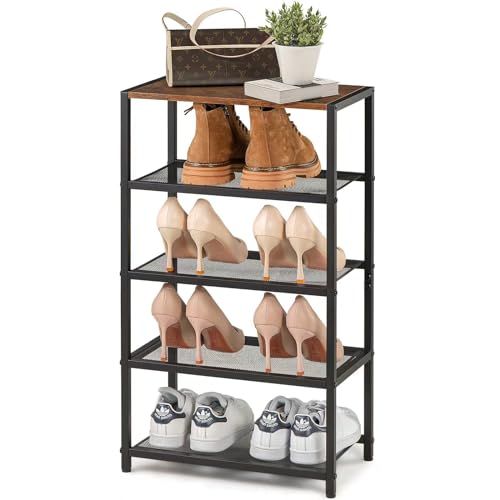 Metal 5 Tier Shoe Rack for Front Door Entrance, Entryway, and Closet Shoe Organizer with 4 Sturdy Metal Mesh Shelves and Wooden Top, Holds 10 Pairs, Ideal for Storage or Display