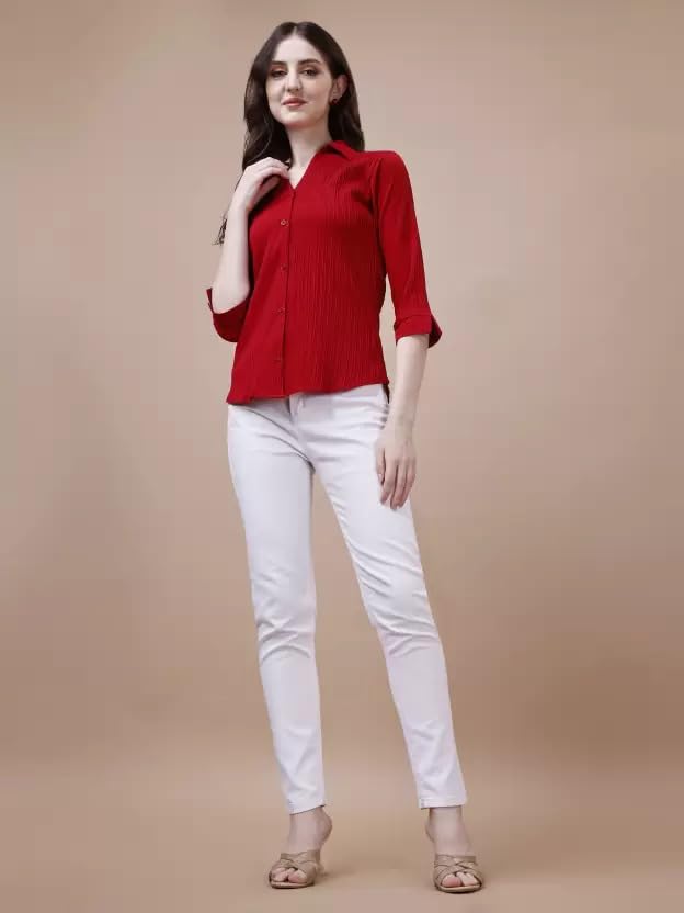 Image of ROYALICA Women Tops Womens Regular Fit Striped White Colour Cotton Blend Casual Shirt