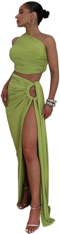Women's 2 Piece Dress Sexy Y2k Strapless Crop Top High Slit Skirt Bodycon Maxi Long Skirt Suit Night Out Dress Sets