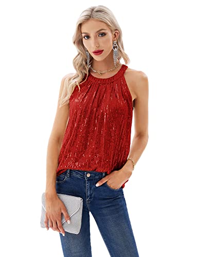 GRACE KARIN Sequin Halter Tops for Women Sleeveless Sparkly Shiny Tank Tops Ruched Flowy Sparkly Club Outfits Party Shirt3
