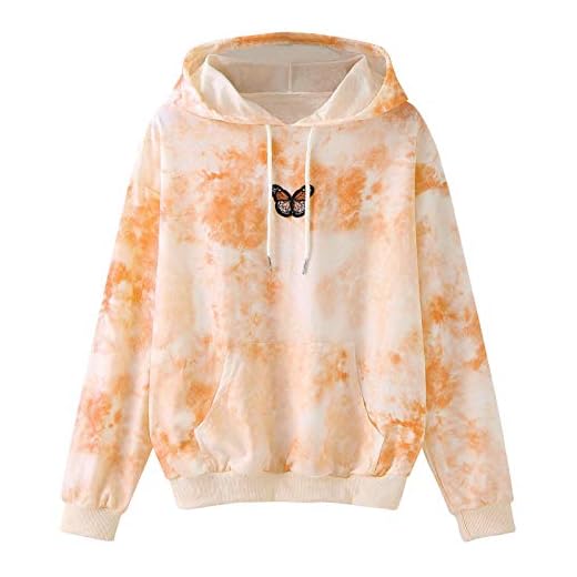 Pianshanzi Sweatshirt damer långärmad blus huvtröja söt fjäril tryckt huvtröja tröja med huva höst vinter tröja sport kvinnor tonåring flickor mode casual toppar toppar, GUL, S