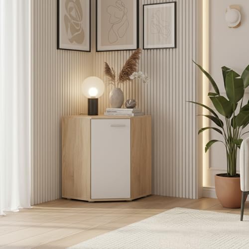 Komodee Buffet FAUSKE - Spacieuse - d'angle - Chêne Sonoma - Blanc - Largeur 58 cm, Hauteur 74 cm, Profondeur 58 cm