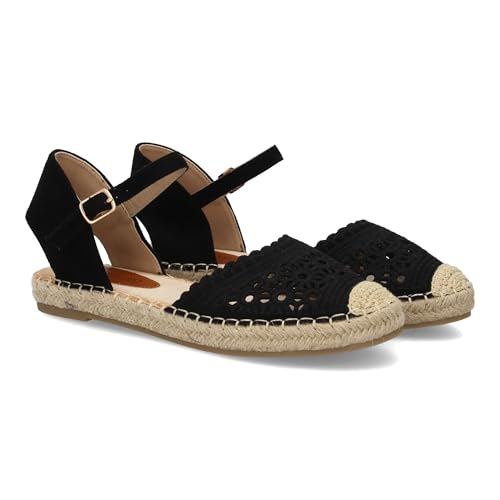 100557 Alpargata plana de mujer con diseno troquelado decorativo, estilo artesanal. Suela de yute comoda y ligera, pulsera trasera con cierre ajustable de hebilla. Ideal para verano. Negro Talla 40