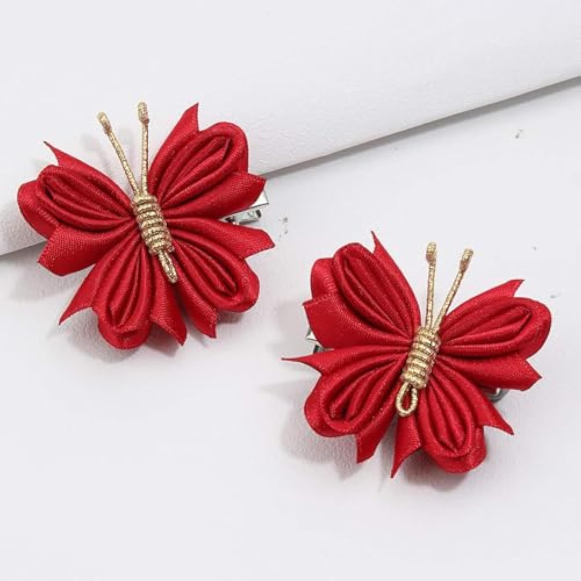 6pc Butterfly Hair Clips Ponytail Set, Gold Thread Red