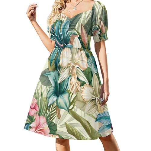 Image of Orchid Tropical Flower Plant Midi Dresses for Women V Neck Puff Short Sleeve Sundress 5XL